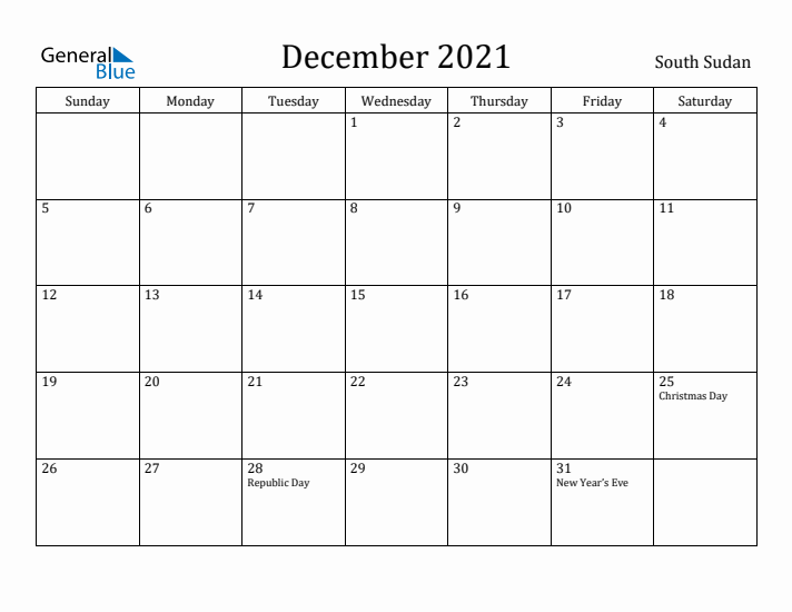 December 2021 Calendar South Sudan