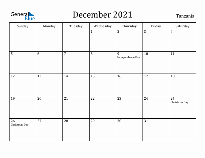 December 2021 Calendar Tanzania