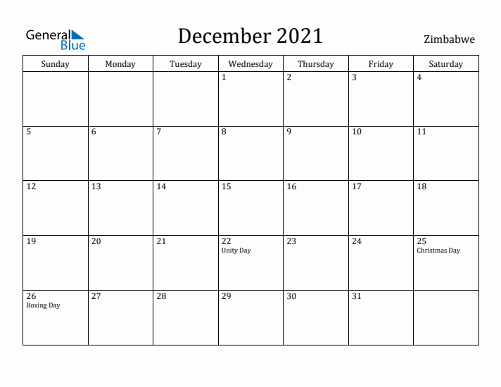 December 2021 Calendar Zimbabwe