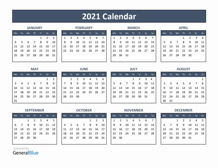 2021 Yearly Calendar Templates with Monday Start