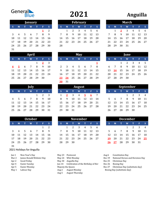 2021 Anguilla Free Calendar