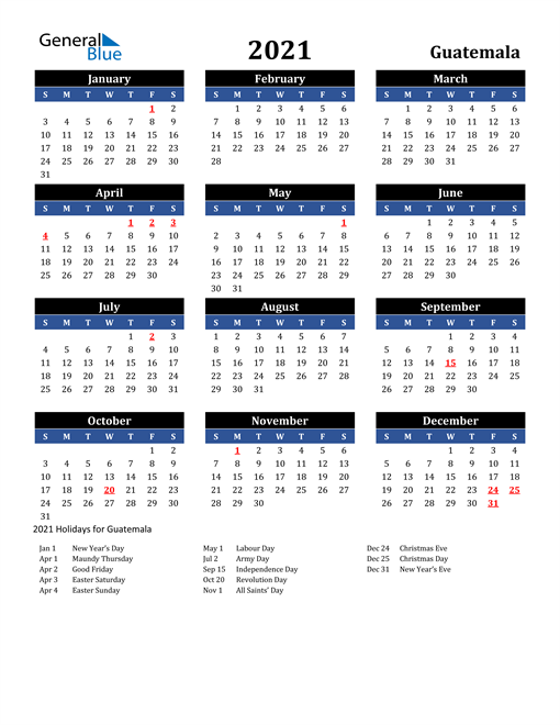 2021 Guatemala Free Calendar