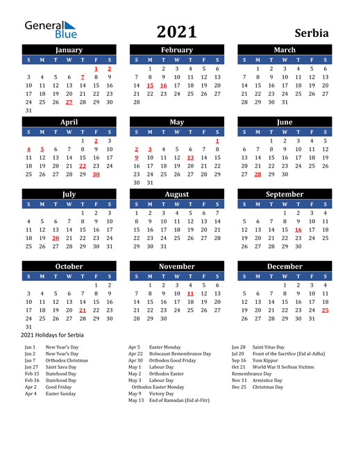 2021 Serbia Free Calendar