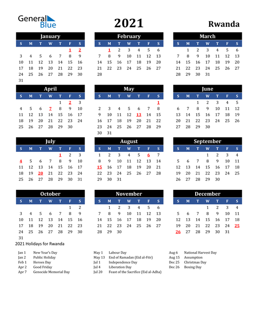 2021 Rwanda Free Calendar