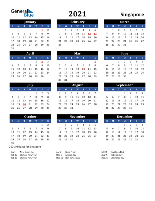 2021 Singapore Free Calendar