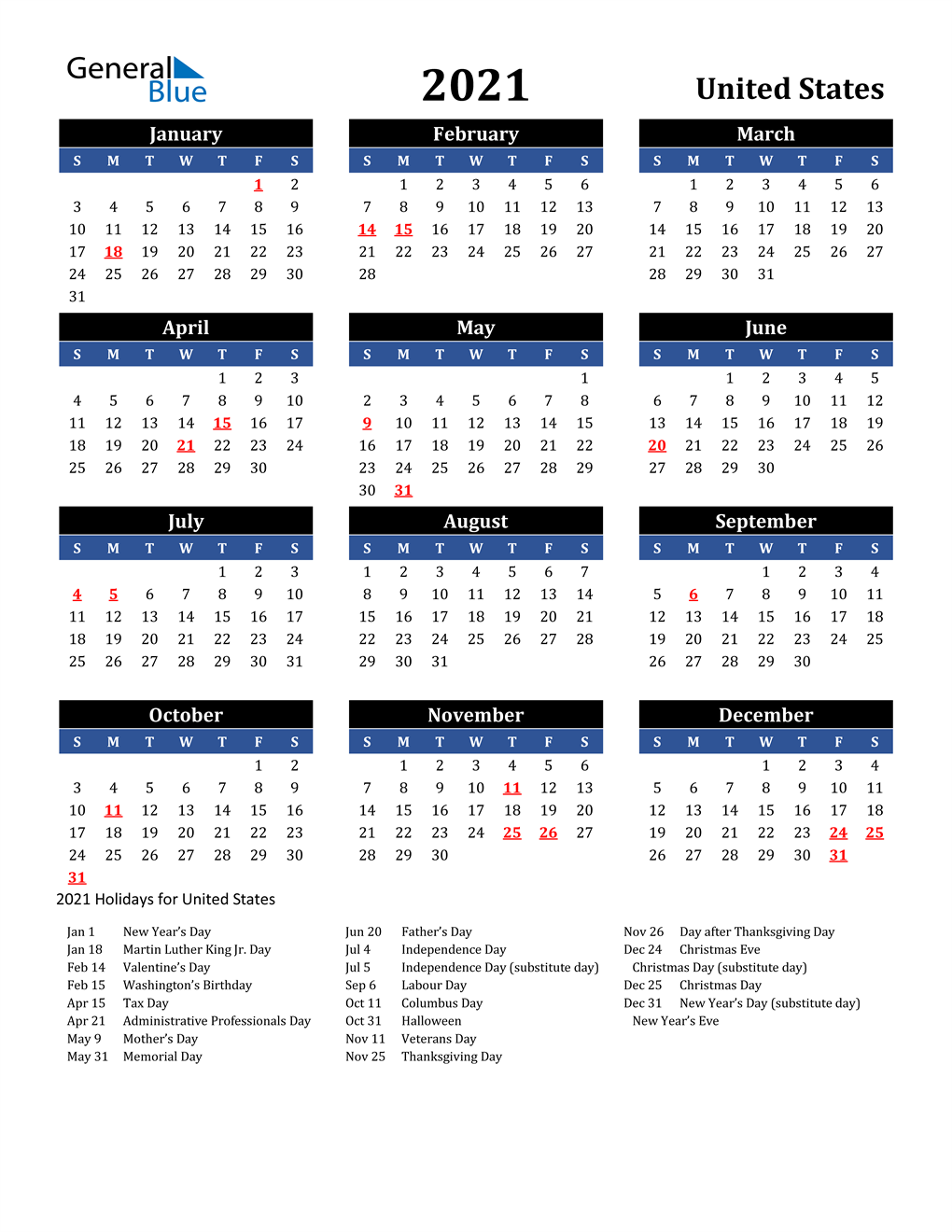 2021 United States Calendar With Holidays