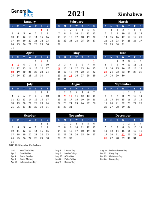 2021 Zimbabwe Calendar with Holidays
