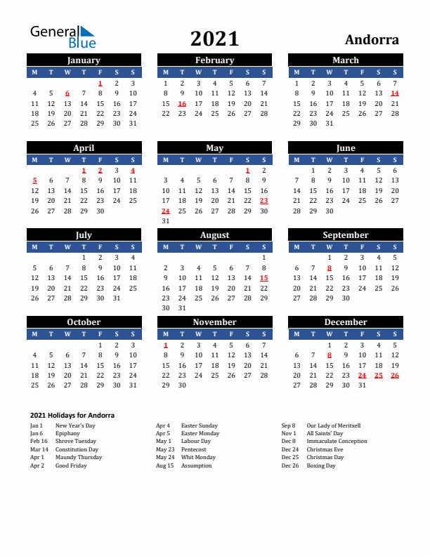 2021 Andorra Holiday Calendar