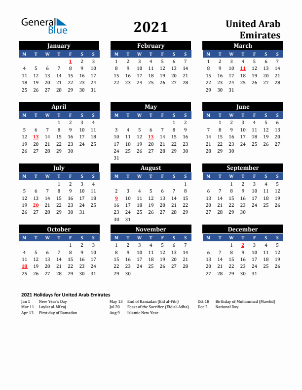 2021 United Arab Emirates Holiday Calendar