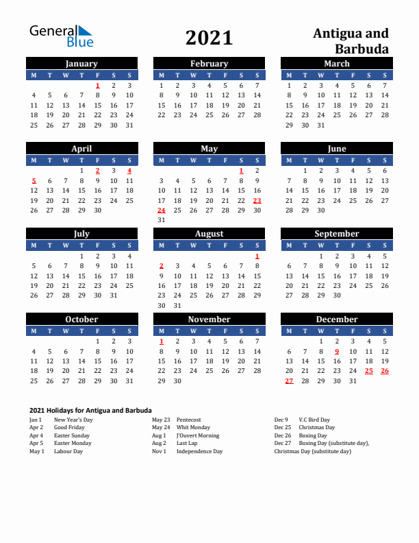 2021 Antigua and Barbuda Holiday Calendar