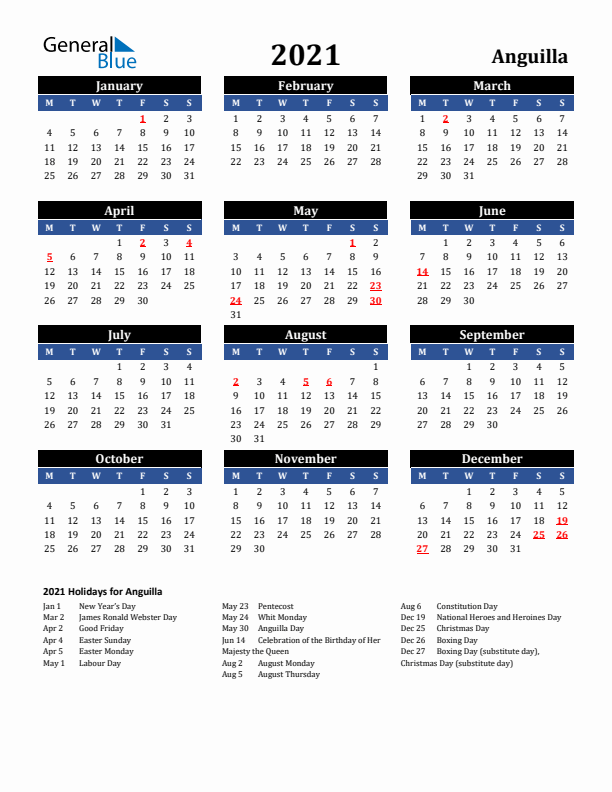 2021 Anguilla Holiday Calendar