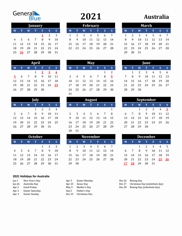 2021 Australia Holiday Calendar