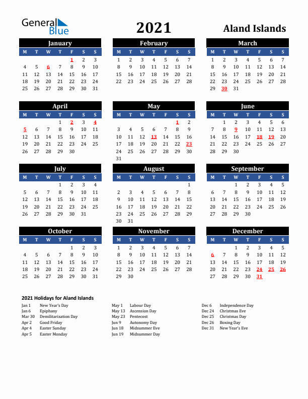2021 Aland Islands Holiday Calendar