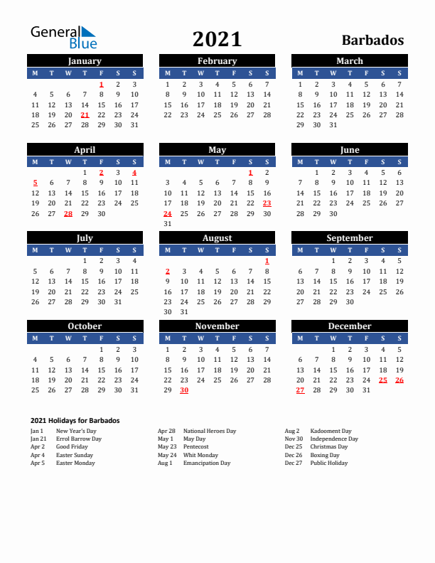 2021 Barbados Holiday Calendar