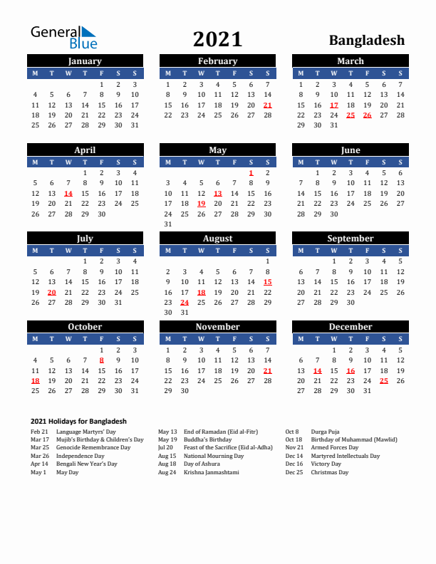 2021 Bangladesh Holiday Calendar