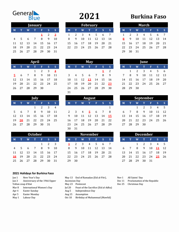 2021 Burkina Faso Holiday Calendar