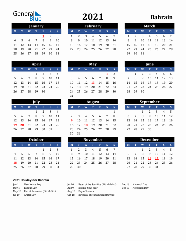 2021 Bahrain Holiday Calendar