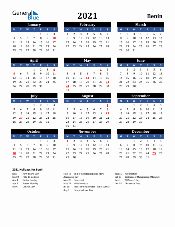 2021 Benin Holiday Calendar
