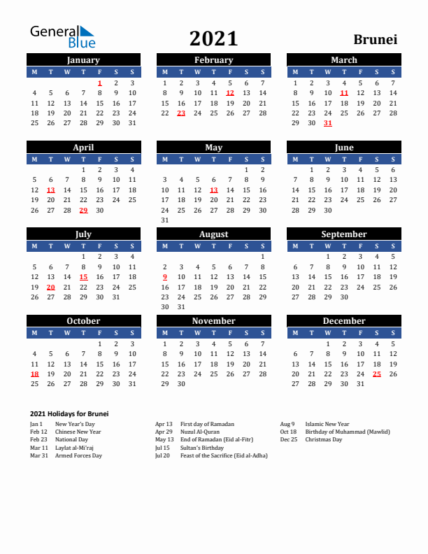 2021 Brunei Holiday Calendar