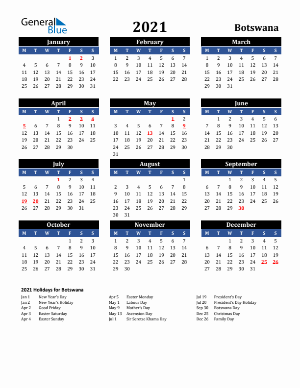 2021 Botswana Holiday Calendar