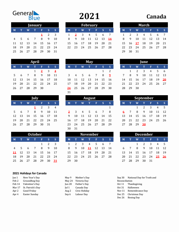 2021 Canada Holiday Calendar
