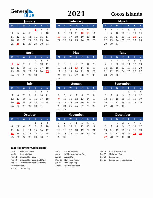 2021 Cocos Islands Holiday Calendar