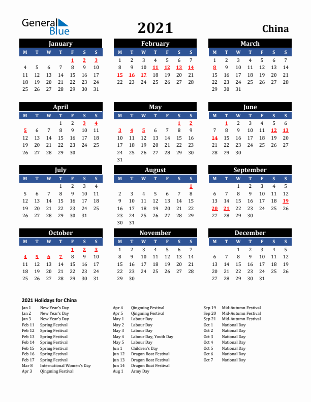 2021 China Holiday Calendar