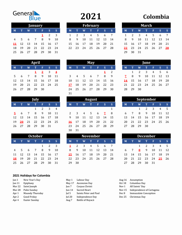 2021 Colombia Holiday Calendar