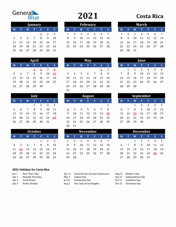 2021 Costa Rica Holiday Calendar