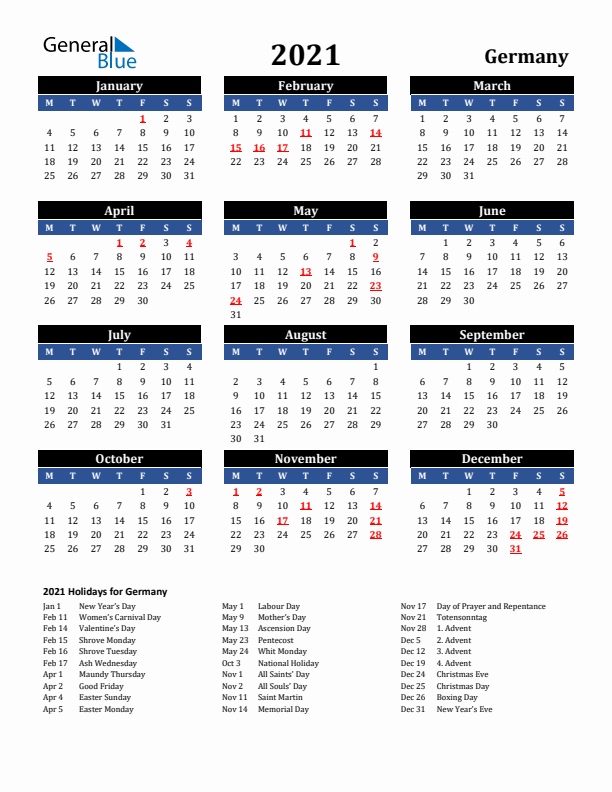 2021 Germany Holiday Calendar