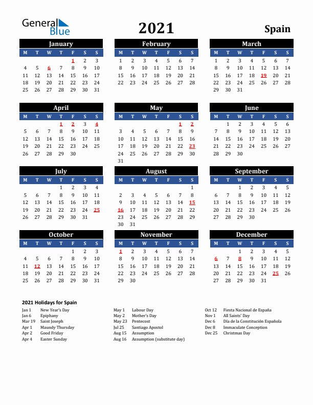 2021 Spain Holiday Calendar
