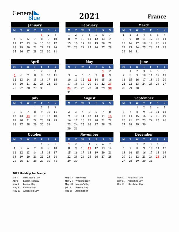 2021 France Holiday Calendar