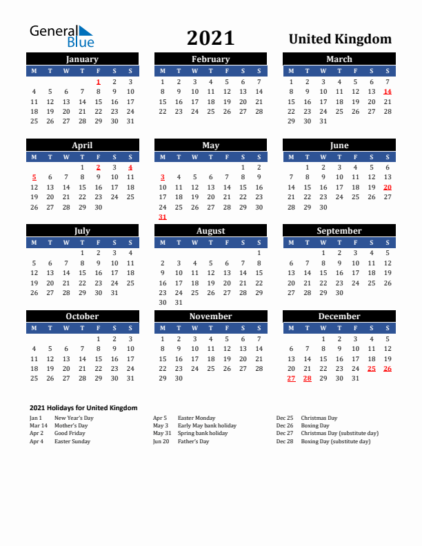 2021 United Kingdom Holiday Calendar