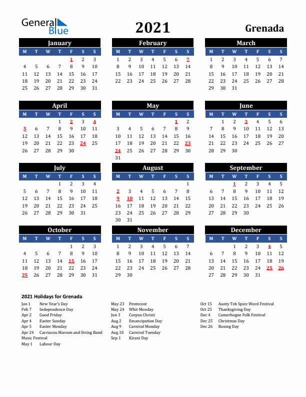 2021 Grenada Holiday Calendar
