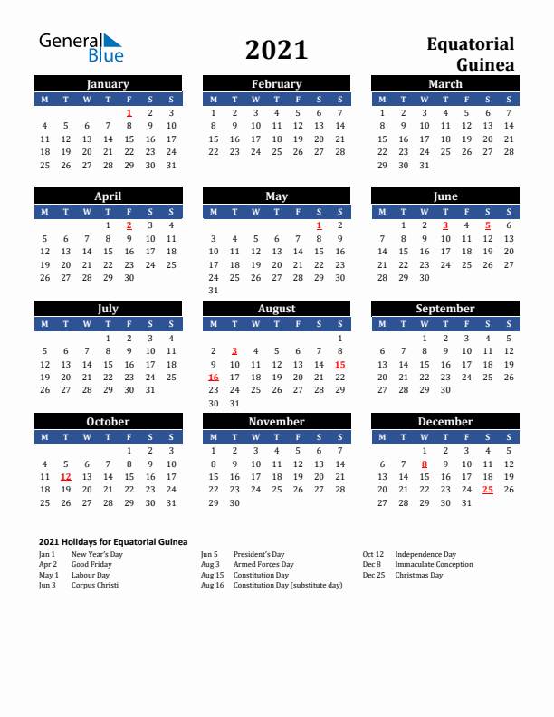 2021 Equatorial Guinea Holiday Calendar