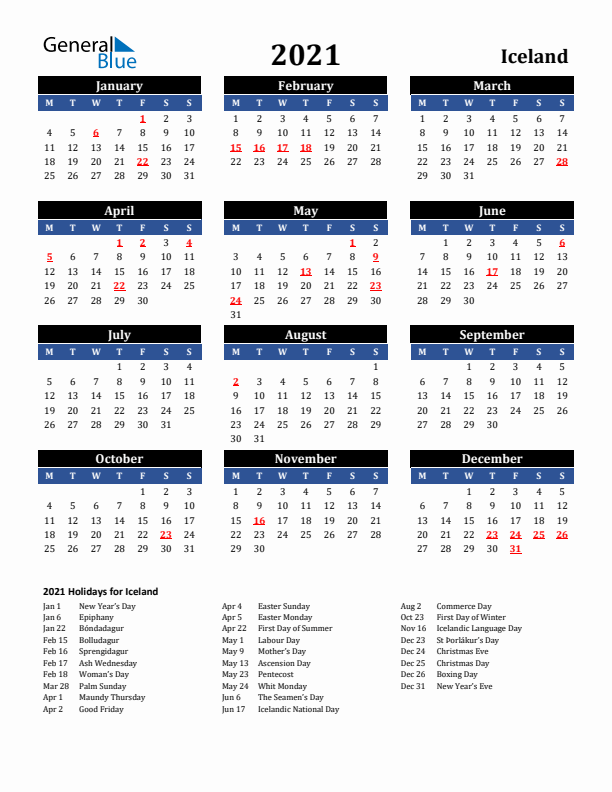 2021 Iceland Holiday Calendar