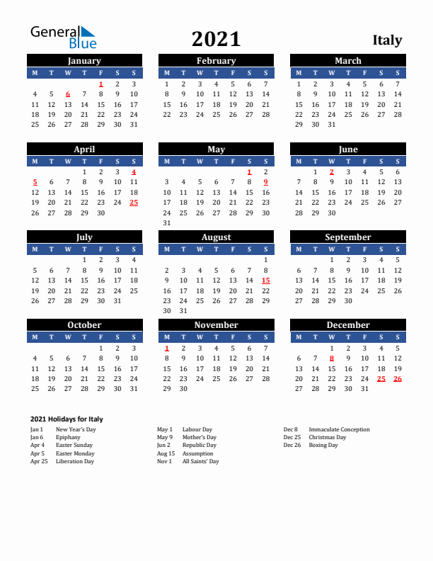 2021 Italy Holiday Calendar