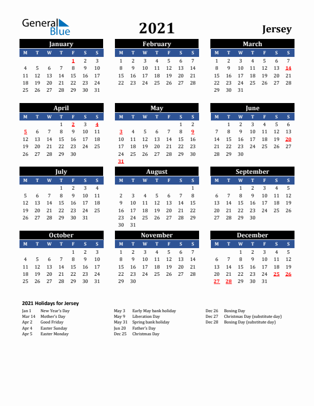 2021 Jersey Holiday Calendar