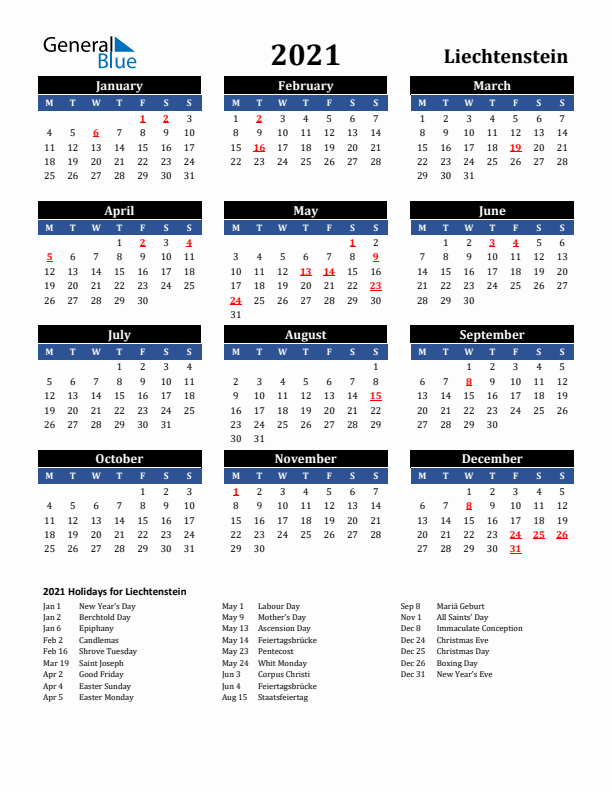 2021 Liechtenstein Holiday Calendar