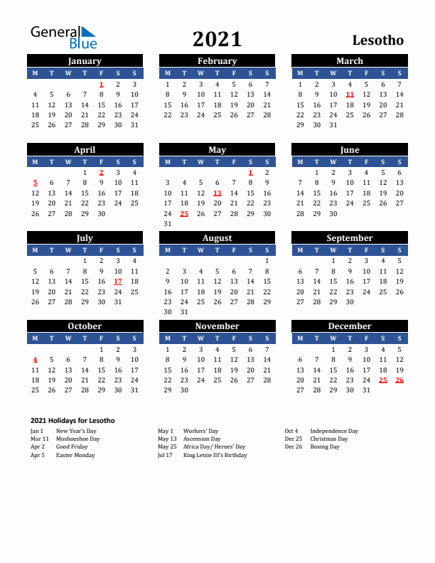 2021 Lesotho Holiday Calendar