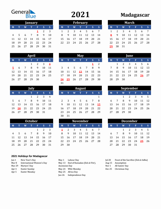 2021 Madagascar Holiday Calendar