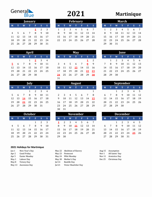 2021 Martinique Holiday Calendar