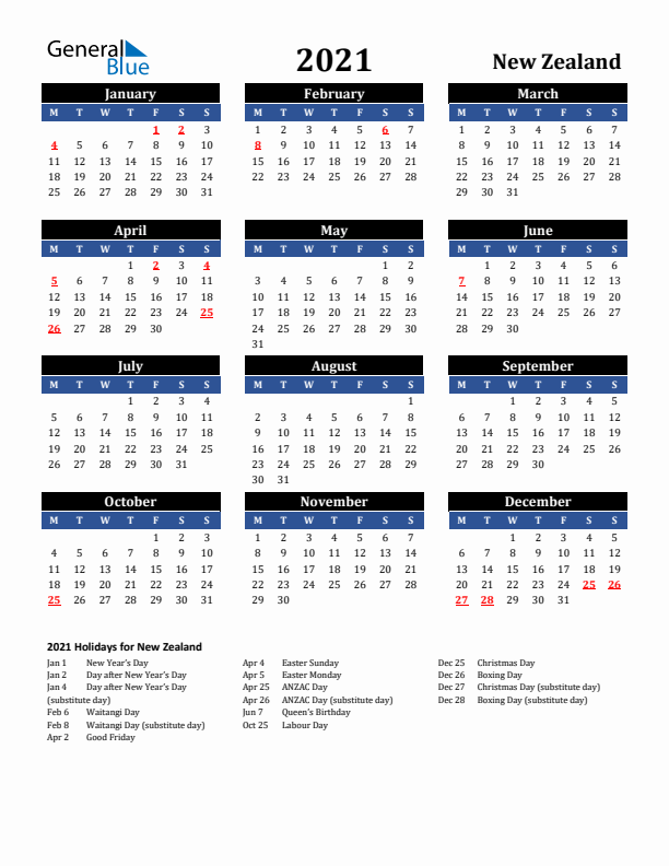 2021 New Zealand Holiday Calendar