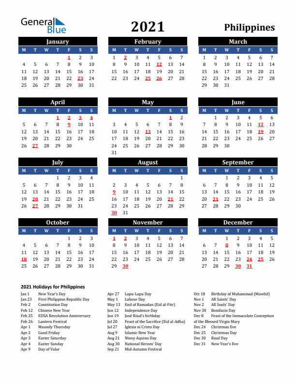 2021 Philippines Holiday Calendar