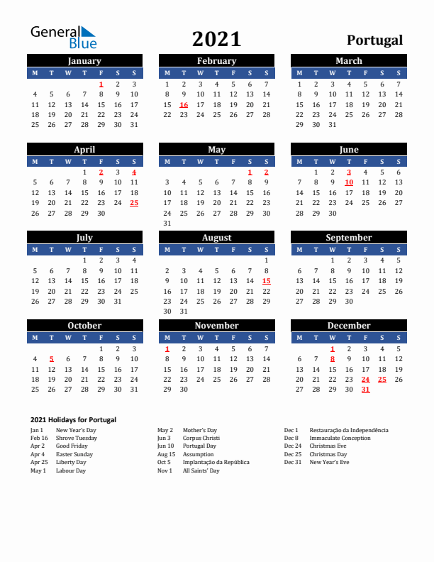 2021 Portugal Holiday Calendar