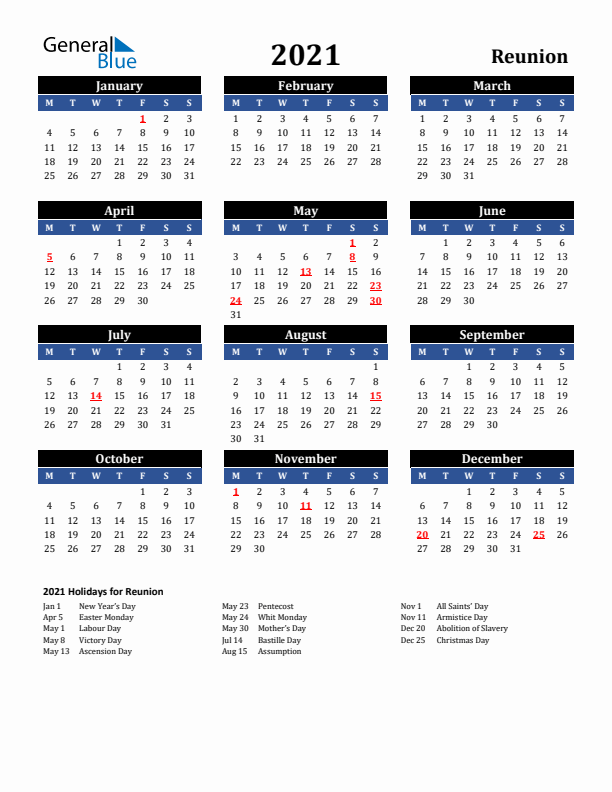 2021 Reunion Holiday Calendar