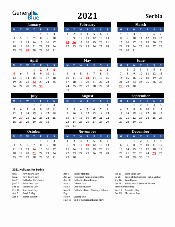 2021 Serbia Holiday Calendar