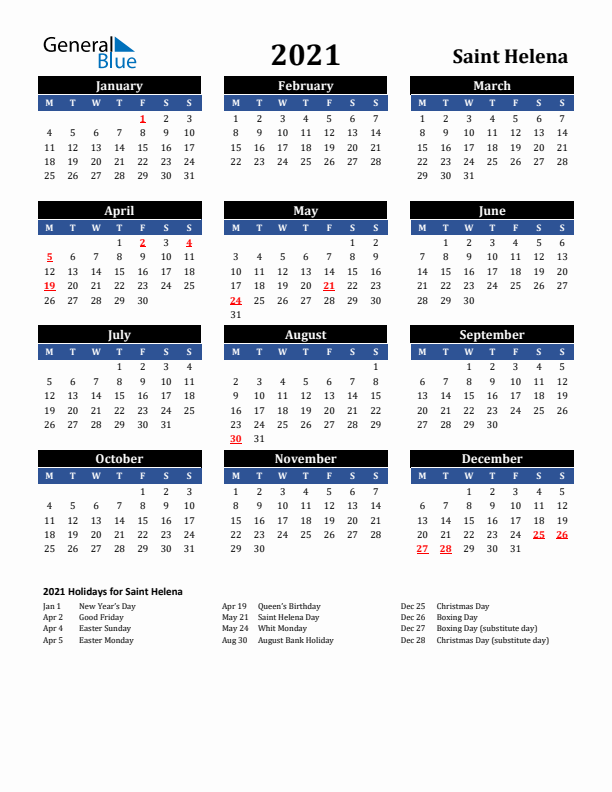 2021 Saint Helena Holiday Calendar