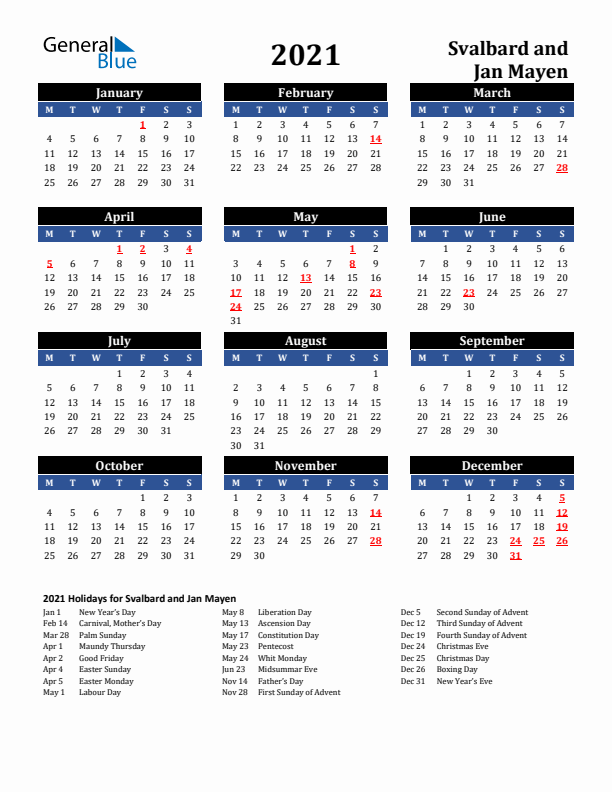 2021 Svalbard and Jan Mayen Holiday Calendar