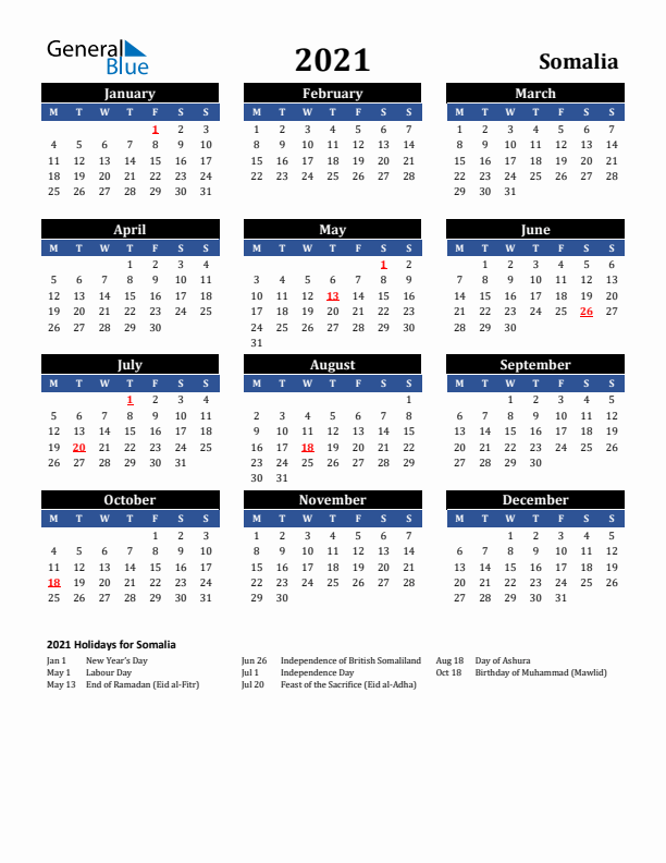 2021 Somalia Holiday Calendar